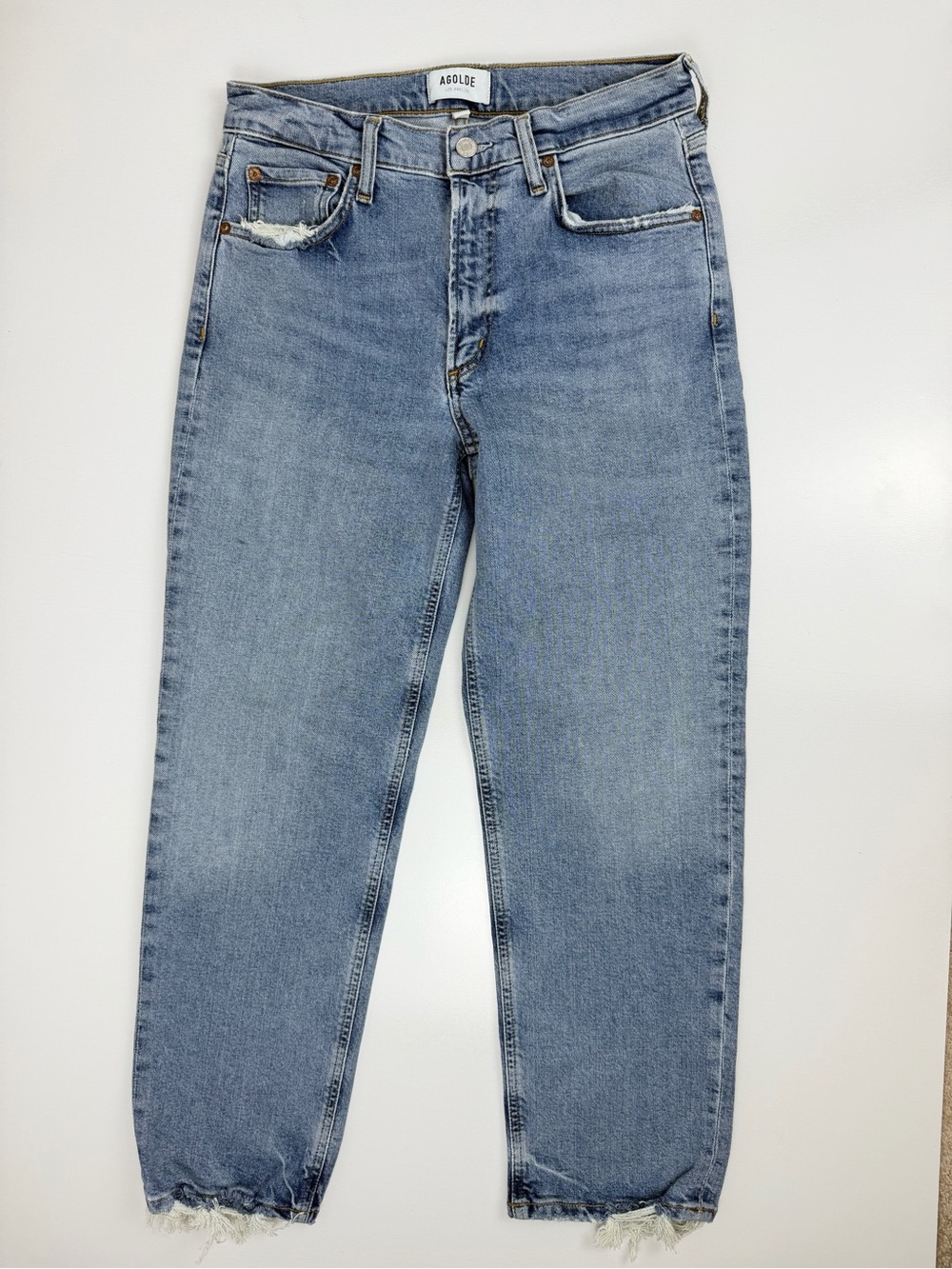 AGOLDE Jeans 27 Light Wash High Rise Slim Straight Distressed Hem Denim